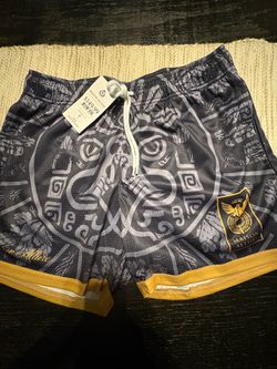 Medium Maison Allure black & gray Mayan shorts with white tribal-style graphic #tribal #athleti
