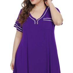 New Women’s Nightgown/Nightshirt Short Sleeve V-Neck Button Casual Sleepwear Purple 2X