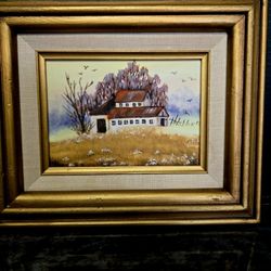 Vintage framed Oil landscape painting depicting a country farmhouse. 11.5"×9.5"