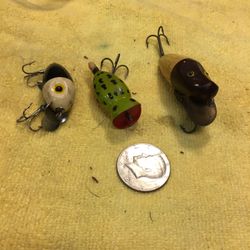 Three vintage wooden lures one popper one deep diver bug run rug