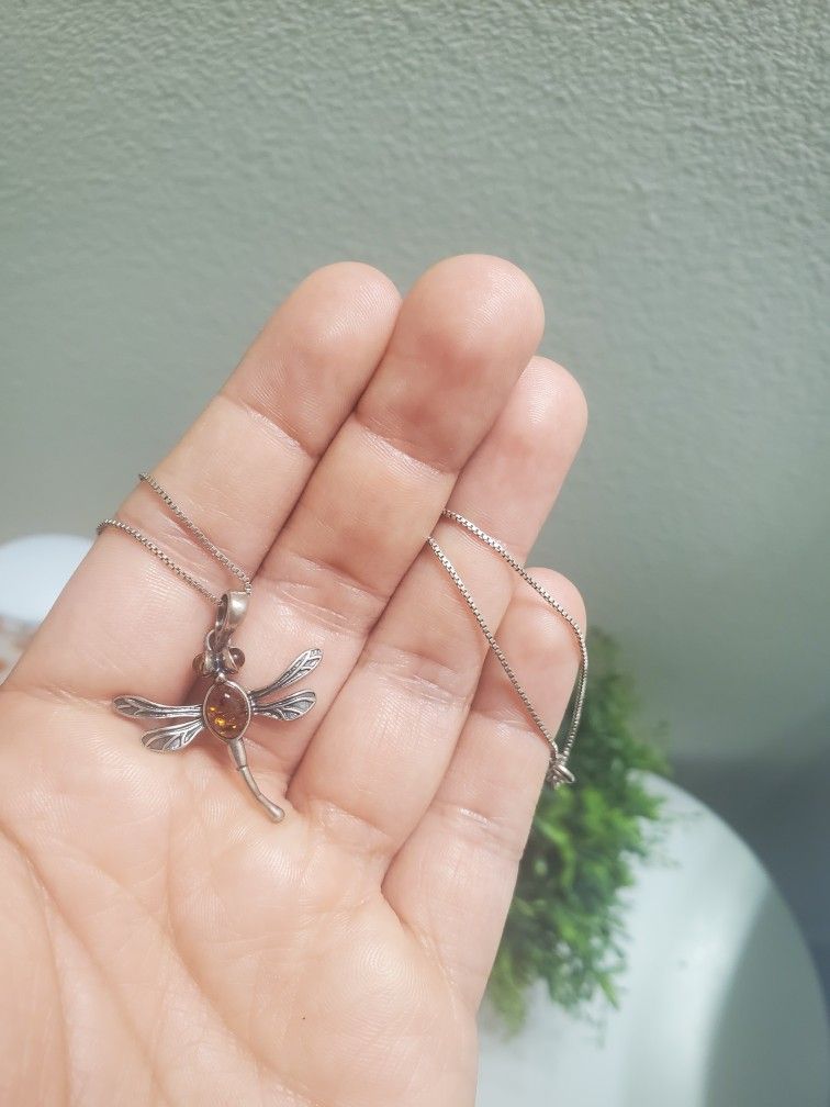 Sterling Silver Dragonfly Necklace With Real Amber