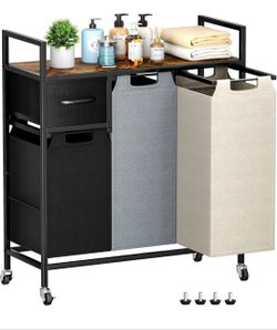 Laundry Hamper 3 Section, 135L Laundry Sorter with Shelf and 1 Drawer, Metal Frame Laundry Basket Organizer, Pull-Out Removable Oxford Fabric Bags for