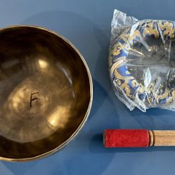 8" Hammered Bronze Etched Tibetan Tiger's Eye Full Moon Singing Bowl Key of F w/ Striker