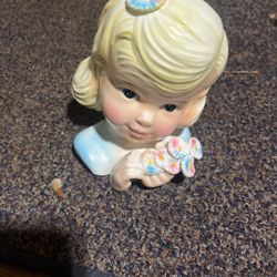 RARE Enesco 1950's Delsey Tissue Girls Headvase 6" Original Flowers Dream