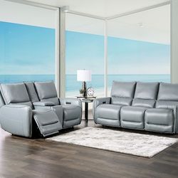 Brand New Pale Blue Top Grain Leather Power Reclining Sofa & Loveseat 