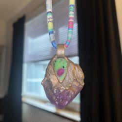 Handcrafted Real Amethyst Pendant with Ruby Zoisite Stone