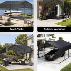 10x15FT Heavy Duty Metal Carport with Galvanized Steel Roof - All-Weather Car Shelter for Cars, Trucks, Boats, Reinforced Frame, Enhanced Base, Metal 