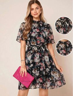 Women's Floral Print BelWomen's Floral Print Belted High Neck Short Sleeve Dress