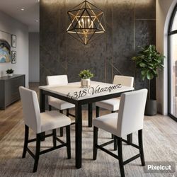 ✅️✅️5 pc dark finish wood white faux marble top square counter height dining table set. This set includes the table and 4 - side chairs padded seats✅️