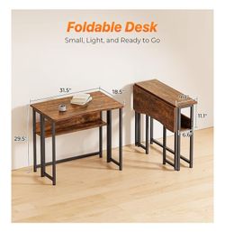 Huuger Folding Desk with Storage Shelf, 31.5 Inch Foldable Computer Table for Small Spaces, Space Saving Sofa Table for Couch, Writing Work Office Com