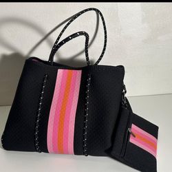 Stylish Neoprene Tote Bag with Matching Pouch - Black with Pink & Orange Stripes