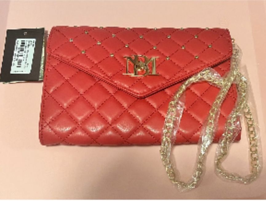 Badgley Mischka clutch/Red faux leather with gold crossbody chain NWT