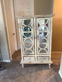Distressed White Wood Cabinet with Mirror Doors