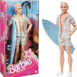 “Barbie The Movie” collectible Ken Doll Wearing Pastel Pink and Green Striped Beach Matching Set with Surfboard and White Sneakers