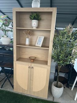 Tall Bookcase with Rattan Cabinet Doors