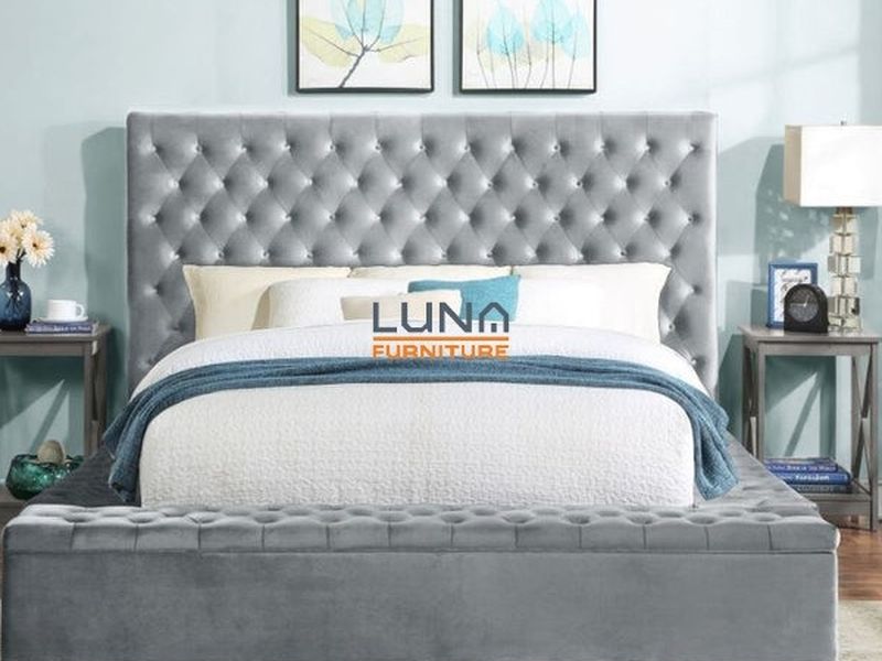 Prague Gray Velvet King Upholstered Storage Platform Bed