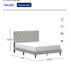 Brand New Mainstays Hillside Diamond Tufted Upholstered Queen Platform Bed (Gray) + Madevos 10” Queen Hybrid Mattress