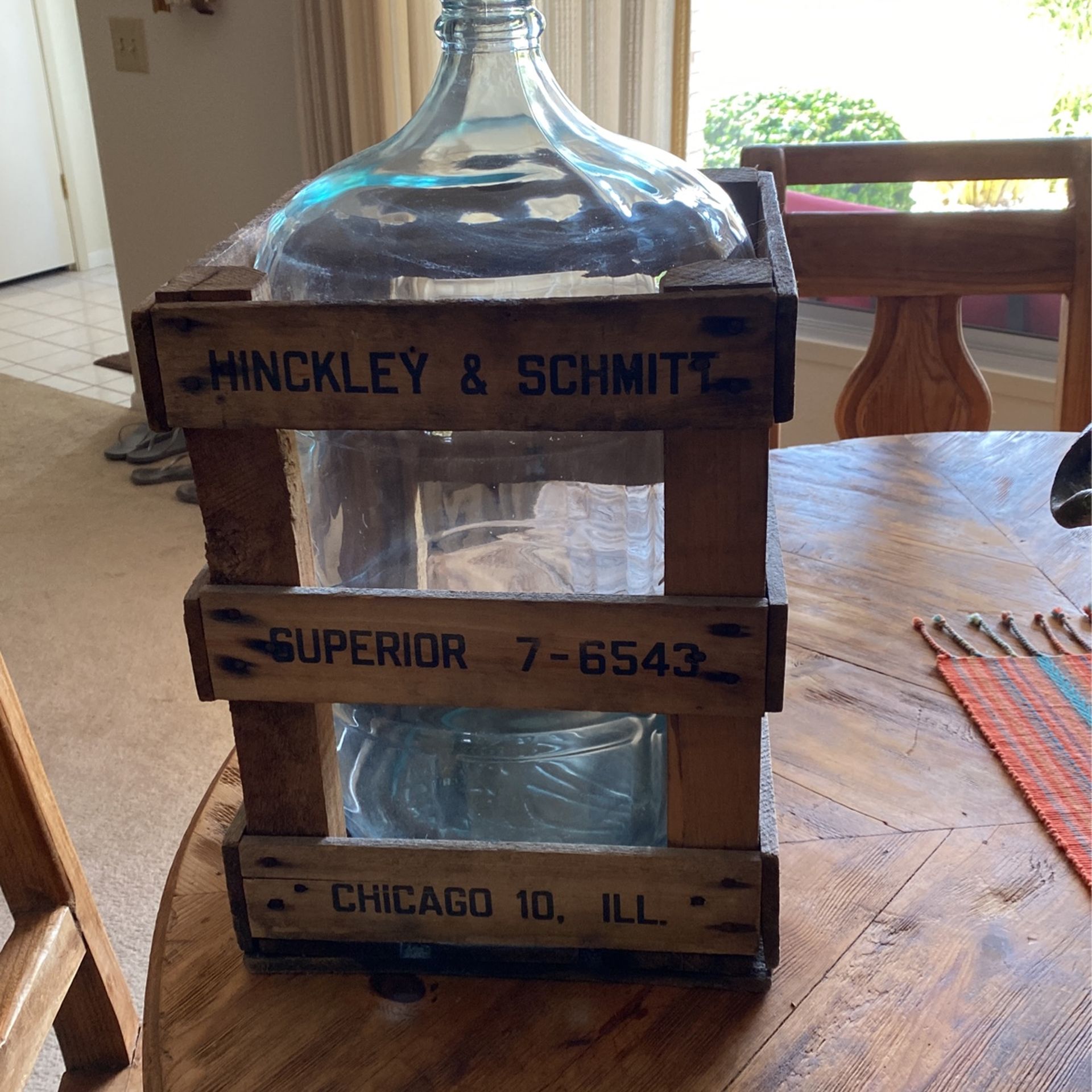 REDUCED……Antique Hinkley And Schmitt Blue Tint Bottle In Wood Crate