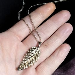 Silver Leaf Rhinestone Charm Necklace 28" Chain