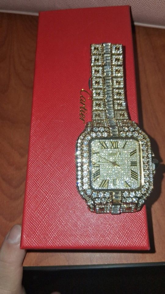 Two Tone Iced Out Bustdown With Baguette Band And Iced Out Dial 