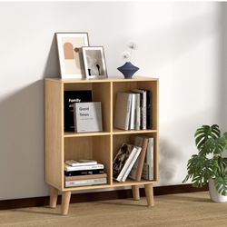 4 Cube Storage Organizer with Legs, 2 Tier Cube Low Bookcase Freestanding Storage Display Organizer for Home Office, Four-Cubes Open Shelf Short Books