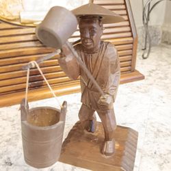 Vintage Wood Carved Figure With Water Buckets