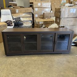 Four-Door Sliding TV Stand with Tempered Glass and Solid Wood Multilayer Construction Storage Entertainment Cabinet 66.1''L x 15.7''W x 24.8''H Deep B