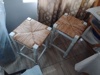 2 Matching Wood & Wicker Rattan Square Stool Chairs ( NW 89128)