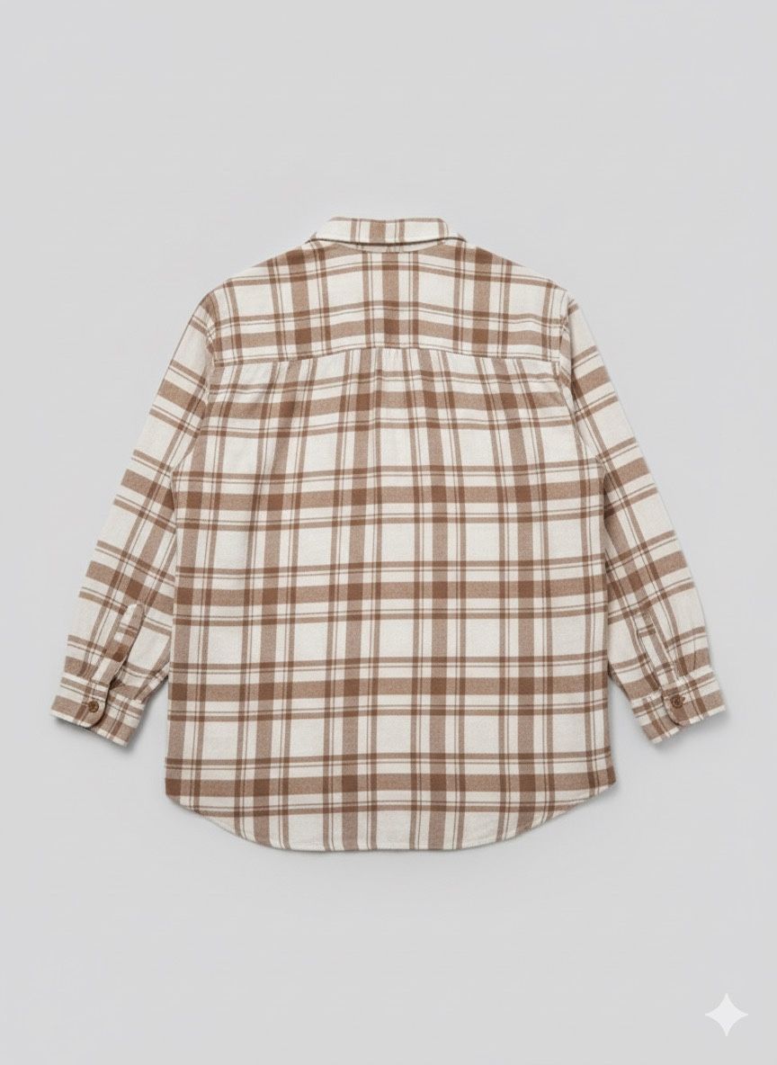 American Eagle Women’s Tan & White Plaid Flannel Button-Up Shirt – Size Medium