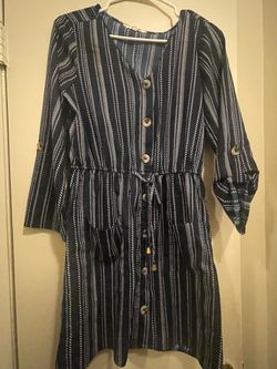 Navy Striped Button-Front Midi Dress