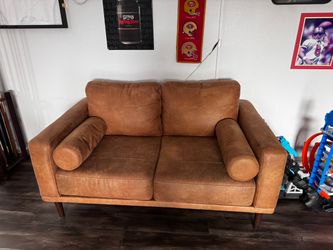 Brown Leather Loveseat with Walnut Legs
