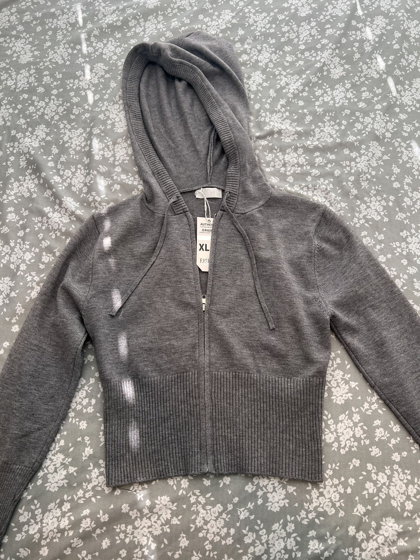 Women's Gray Knit Zip Hooded Cardigan With Pants