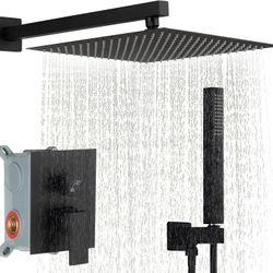 Rainfall Shower System 12 Inch Black Wall Mount Brass Bathroom Shower Faucet Set Shower Head with 2 in 1 Handheld Spray
