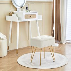 Vanity Stool Chair , Square fuax Makeup Vanity Chair with Metal Legs & Adjustable Gold Feet, Ottoman Foot Rest with Soft Padded Seat for Bedroom , Liv