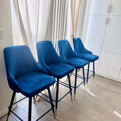 Modern Blue Velvet Bar Stools-Set of 4