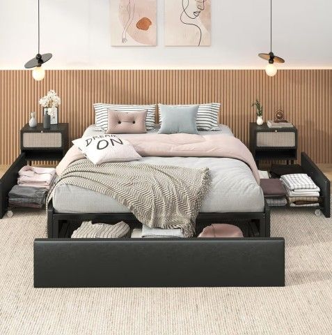 SHA CERLIN Modern Queen Platform Bed Frame with 3 Storage Drawers/Wing Side Panel Design/Faux Leather Upholstered/Mattress Foundation/Noise Free/Easy 