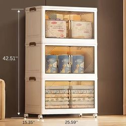 292 QT 25.6 Inch Wide Clear Door Foldable Storage Box-3-Tier Large Capacity Organizer, Easy Access, Space-Saving Foldable Design