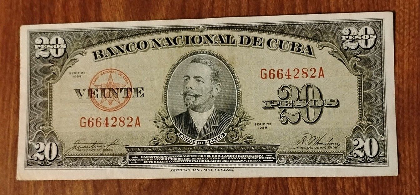 1958 Cuba Vintage 20 Pesos Bill Banknote Currency