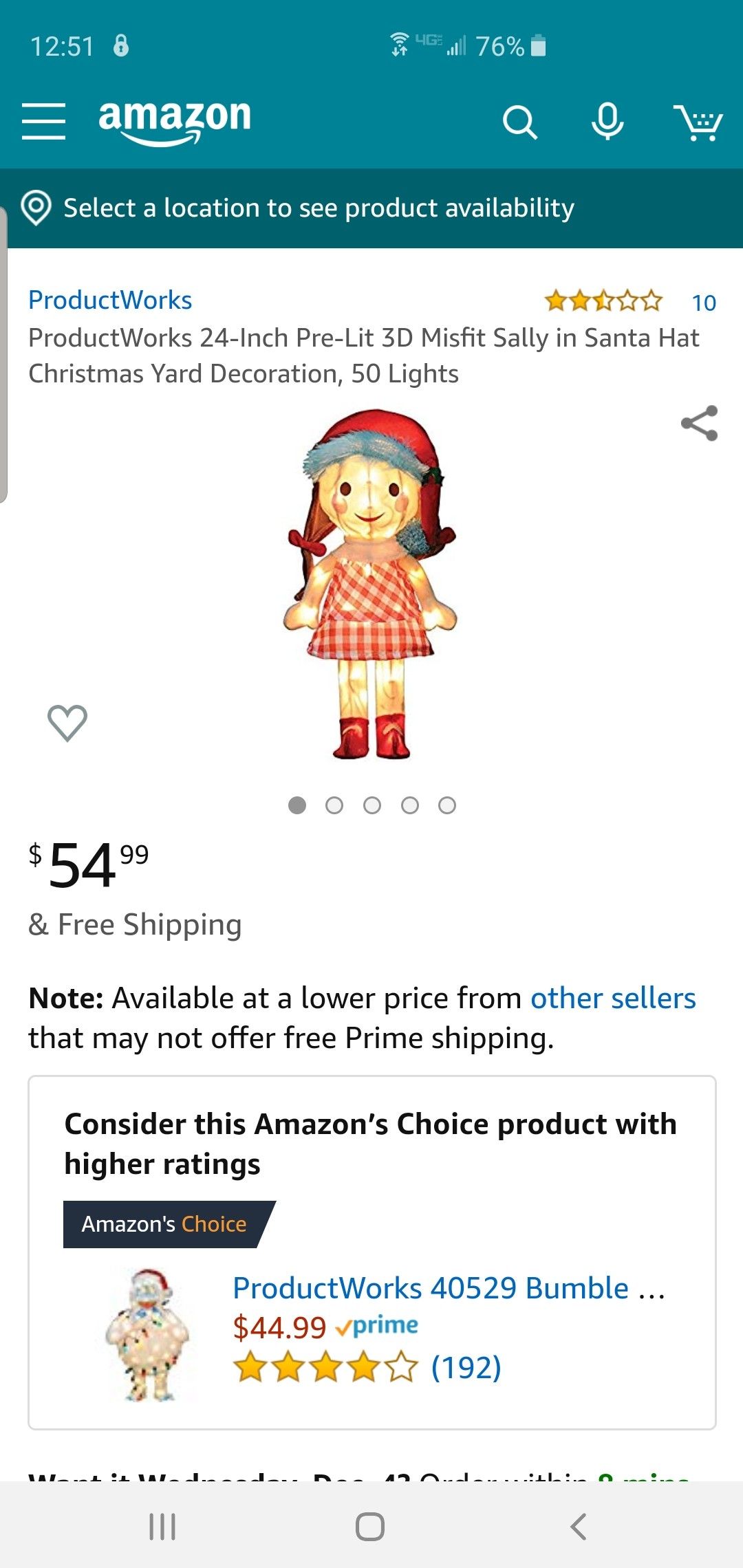 ProductWorks 24-Inch Pre-Lit 3D Misfit Sally in Santa Hat Christmas Yard Decoration, 50 Lights