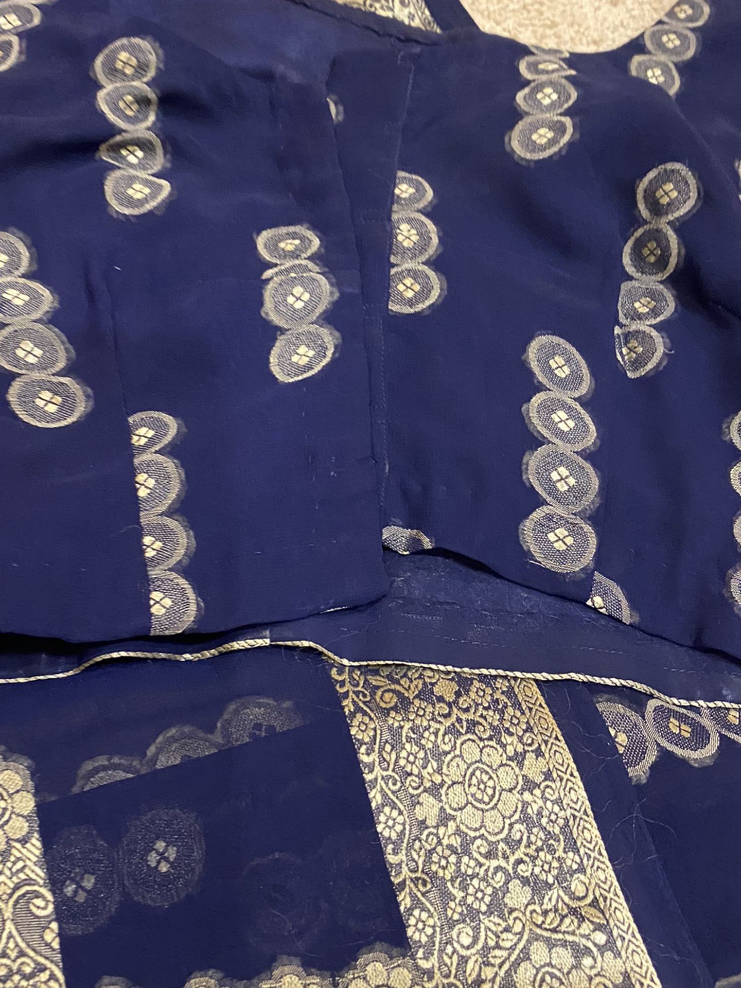 Navy Blue Chiffon Jamawar Stiched Saree With Stiched Blouse