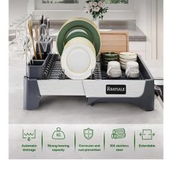 RBAYSALE Large Expandable Stainless Steel Dish Rack With Aluminum Pull Plate, Wine Glass Holder and Utensil Holder