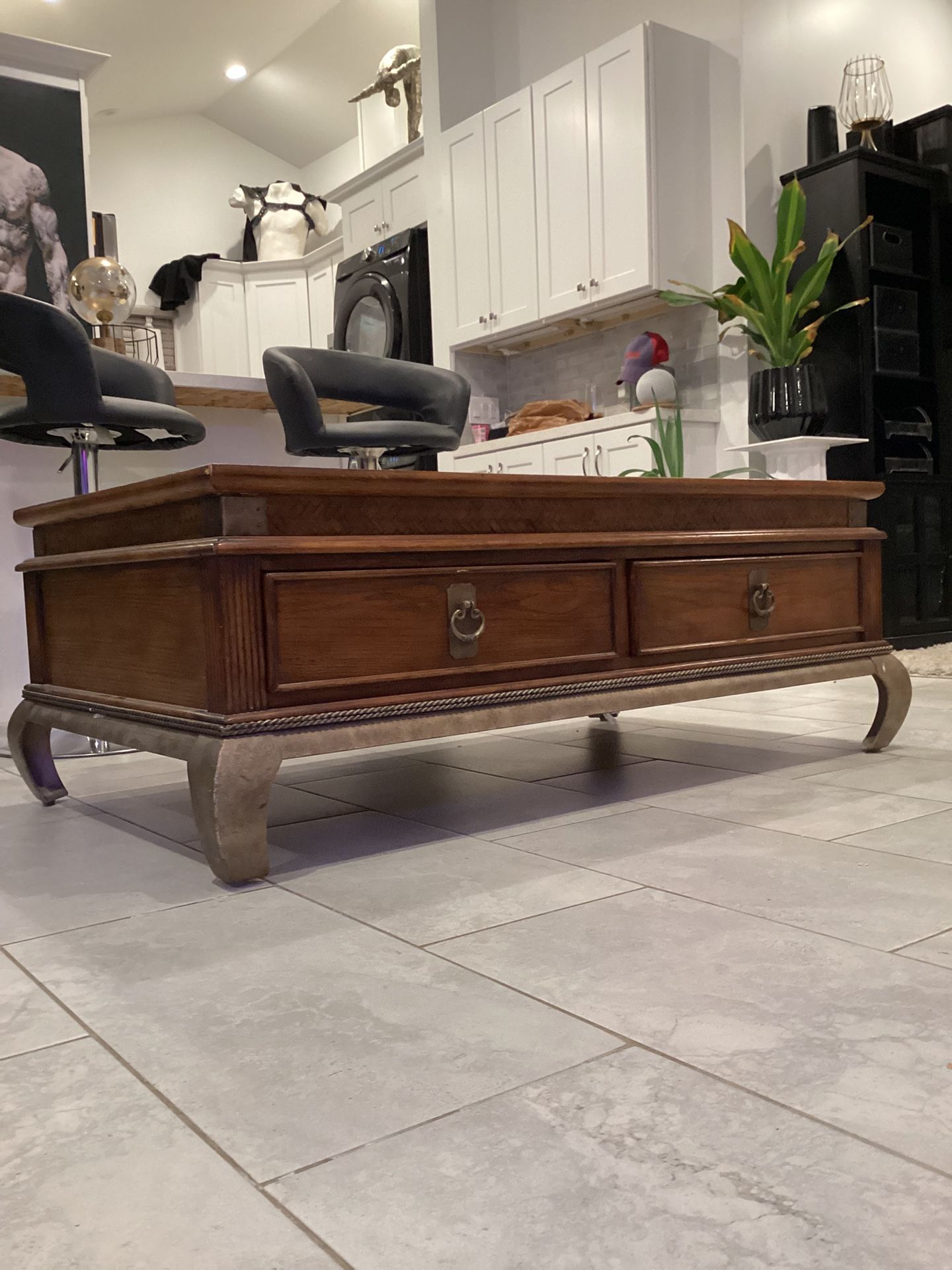 Solid Wood Coffee Table with Glass Top & Storage Drawers