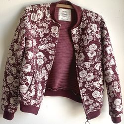 Maroon White Floral Bomber Jacket  (Medium)