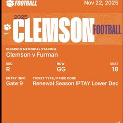 2 Clemson Vs Furman Tickets Tomorrow Game In Clemson. 