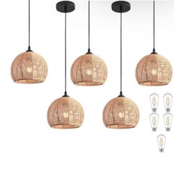 Set Of 5 Mini Hemp Rope Woven Pendant Light Fixtures Boho