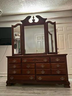 Cherry Wood Dresser with Tri-Fold Mirror