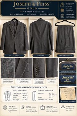 Joseph & Feiss Gold 2 Piece Wool Suit 46 Regular Charcoal