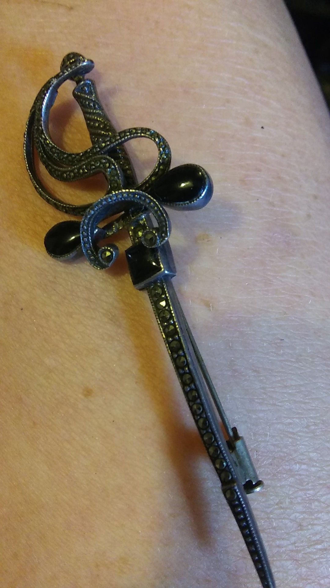 Vintage real silver and black onyx sword pin