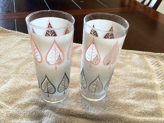2 1950s Libbey Drinking Glasses Frosted Pink - Gray Leaves 6.5” Tall 12 oz.