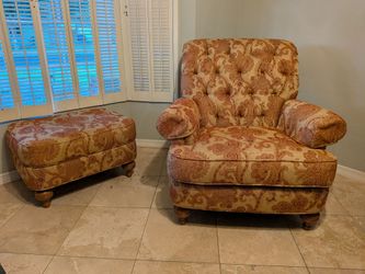 Ethan Allen Tufted Armchair & Matching Ottoman - Solid Wood. $350